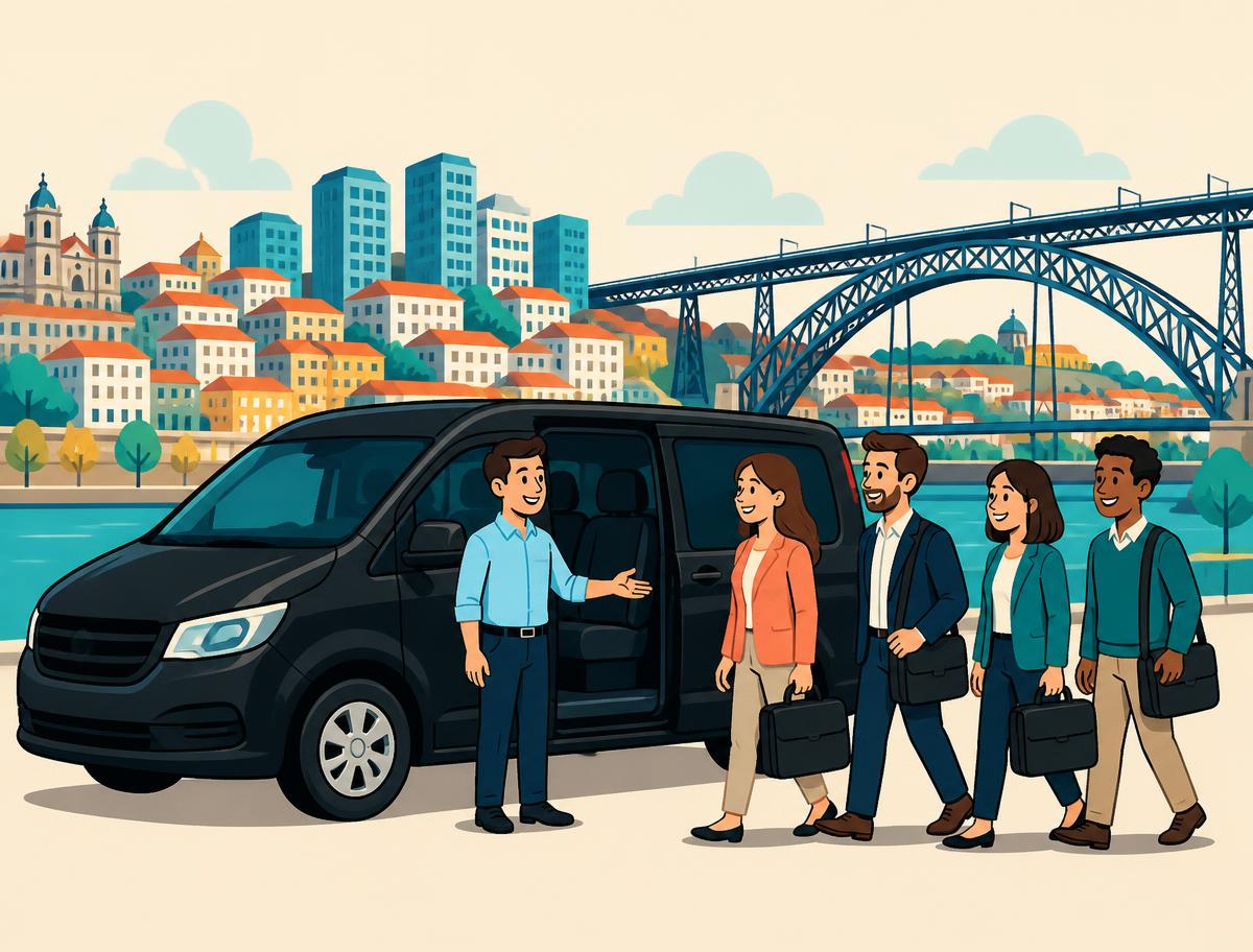 Chauffeur welcoming a group of four business travellers to a premium van in Porto