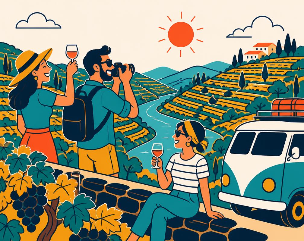 Travellers tasting wine above the terraced vineyards of the Douro valley